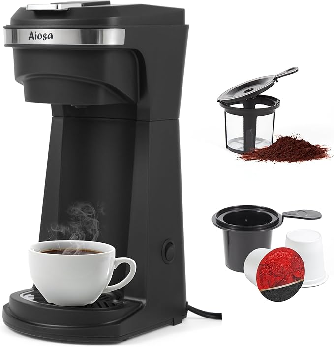 2 in 1 Single Serve Kcup Coffee Maker (6-14Oz) 800W Fast Brew Compact Design with Reusable Filter One-Button Auto Shut-Off Travel Mug Fit Compatible with K-Cup/Ground Coffee/Tea Black
