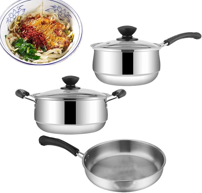 Non Stick Pots And Pans Set - 3pcs Stainless Kitchen Cookware Panels Frying Sauce Pan Rack Durable Cooking Display Cookware Pack Pro Gear Set | Home Kitchen Stove For Simmering Sauteing Frying Use