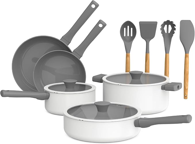 So Yummy by bella 12 Piece Cookware Set w EverGood™ Ceramic Nonstick Coating and Silicone &amp Wood Utensils Dishwasher Safe Silicone &amp Glass Lids Oven Safe &amp All Stovetop Compatible Fros