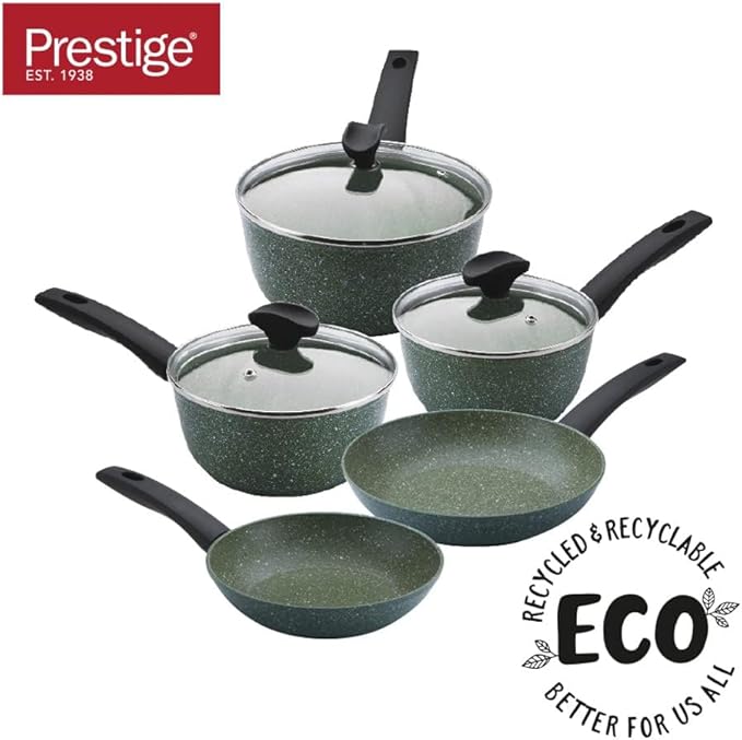 PRESTIGE Eco Non Stick Pots and Pans Set – 5 Piece Recycled Induction Hob Pan Set with Lids Soft Grip Stay Cool Handles Set of 3 Saucepans &amp Set of 2 Frying Pans Green