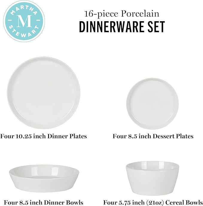 Martha Stewart Selma Chip &amp Scratch Resistant Dinnerware Set Service for 4 (16pcs) – White Plates and Bowls Durable Dishwasher and Microwave Safe Dishes Set for Everyday Use