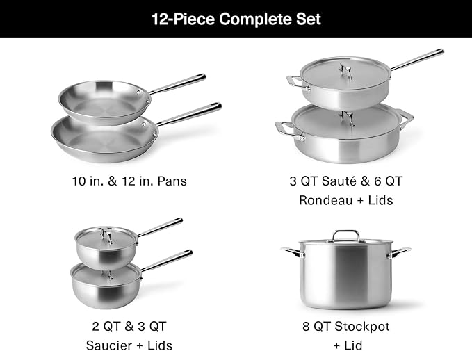 Misen 5-Ply Stainless Steel Cookware Set - Versatile Dishwasher Safe - 12-Piece Set - 10 Skillet 12 Skillet 3 QT Saute Pan &amp 6 QT Rondeau + Lids 2 QT &amp 3 QT Saucier + Lids 8 QT Stockpot