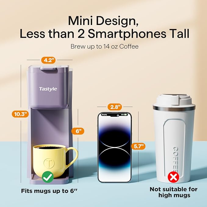 Mini Hot and Iced Coffee Maker Single Serve for K Cup and Ground 6 to 14 Oz Brew Sizes with Recipe Book for Home Travel RV Office and Dorm Violet