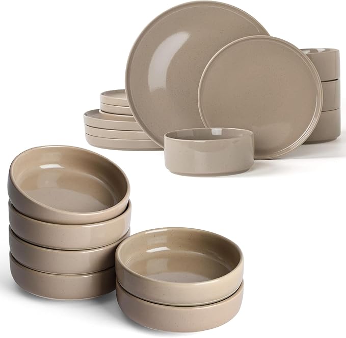 Famiware Nebula Plates and Bowls Set of 12 and Milkyway 4oz Dipping Bowls Set of 6 18 Pieces Dinnerware Sets Cinnamon Brown