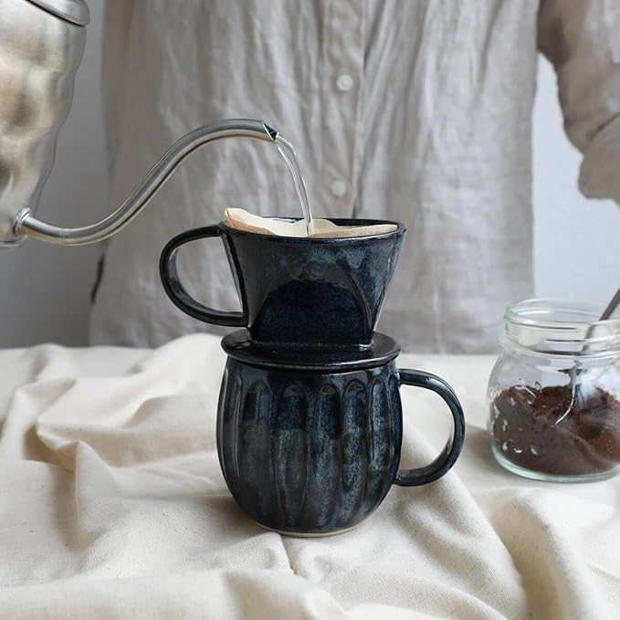 Asayu Japan Ceramic Coffee Pour Over Maker Set in Dark Navy Blue Slow Brewing Paper Filter Holder and Dripper with 3 Holes for Coffee and Tea - Coffee Dripper Cone