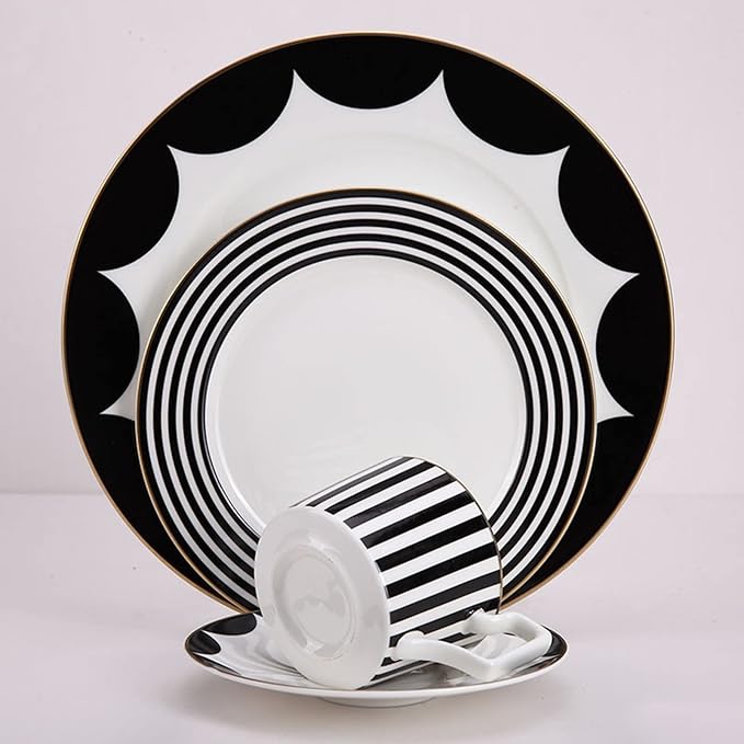 8-Piece Dinnerware Set Service for 2 Black and White Striped Geometric Series Include 2 Dishs 2 Salad Plates 2 Mugs and Saucers