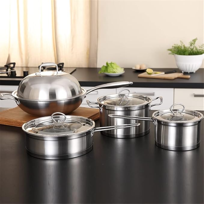 Cookware Set Combination Stainless Steel Wok Soup Pot Milk Pot Frying Pan Gift Set Pot of Household (Color : Silver Size : 3pots set)