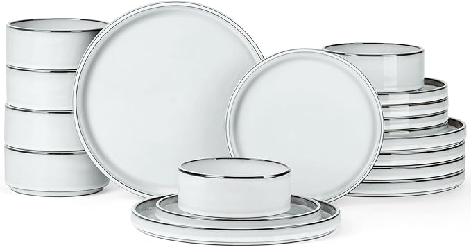 Onader Ceramic Dinnerware Sets for 6 Stoneware Plates and Bowls with Rustic Terracotta Bottom Elegant Kitchen Dinner Dish Set 18-Piece Dishware Tableware - Glacier White