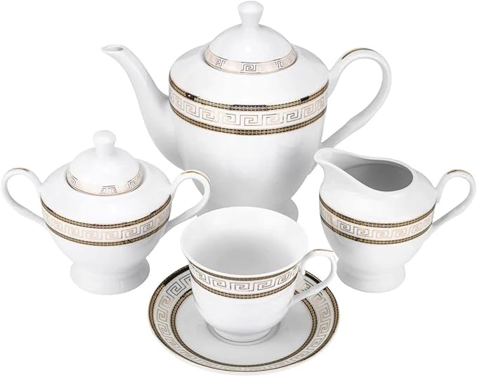 57-pc Bone China Porcelain Dinnerware Set w/Ornamented Rims Super White Elegant Dinner Set Dinner Soup Salad Plates Creamer Teapot Tea Cups and Saucers Set for 8