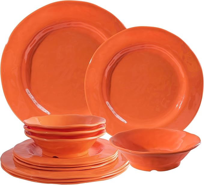 LEHAHA Orange Melamine Dinnerware Set 12 Piece Kitchen Tableware Plates Bowls Dishes Set Lightweight Unbreakable Dinnerware Set for 4 Dishwasher Safe and BPA free