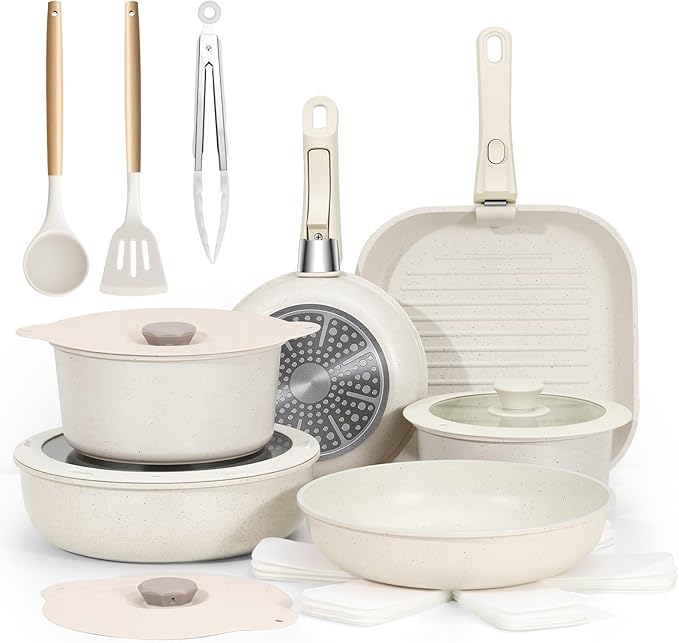 Nonstick Ceramic Cookware Set 20-Piece - Pots and Pans Set with Detachable Handle - RV Stackable Kitchen Cooking Set Induction/Dishwasher/Oven Safe with Frying Cream White