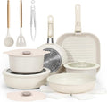 Nonstick Ceramic Cookware Set 20-Piece - Pots and Pans Set with Detachable Handle - RV Stackable Kitchen Cooking Set Induction/Dishwasher/Oven Safe with Frying Cream White