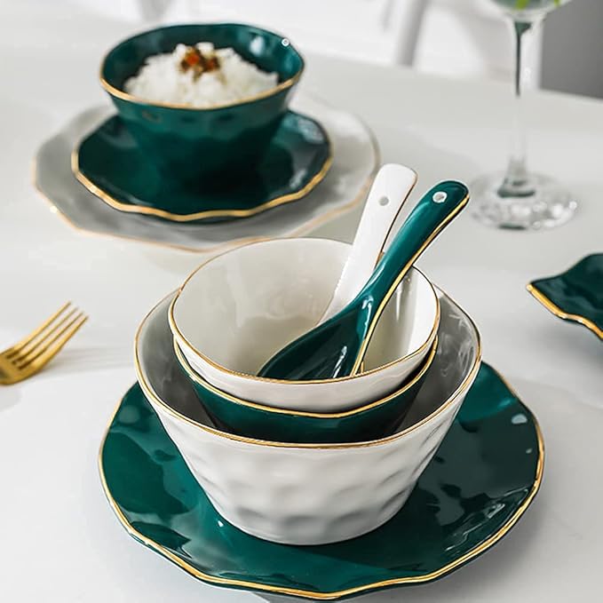 Classic 52 Pcs Dinnerware Sets Nordic Style Bone Porcelain Tableware Set With Plates Dish And Bowls Green White Ceramic Dinner Set With Gold Rim For Home Kitchen