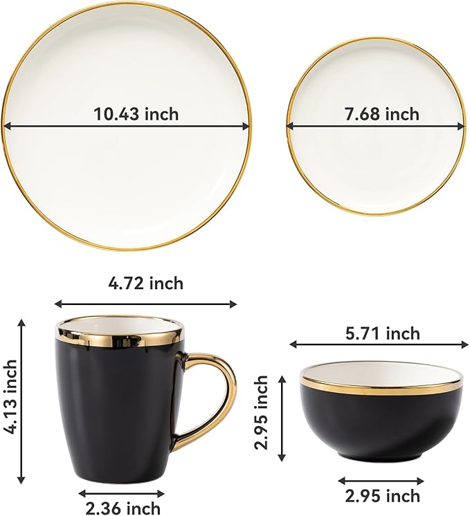 Stoneware Tableware Set for 4 Ceramic Dinnerware Sets with Gold Trim Including 10.5 Dinner Plates 7.75 Dessert Plates 6 Dinner Plates and 14oz Coffee Cups Porcelain (Black Glod)