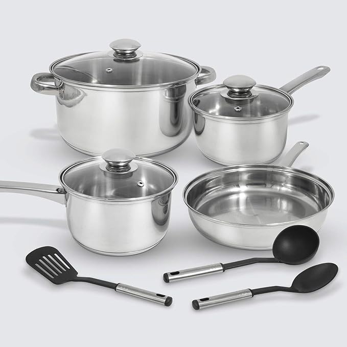 For Brand 10 Pc Stainless Pots/Pans Cookware Set w/Encapsulated Base and Lids