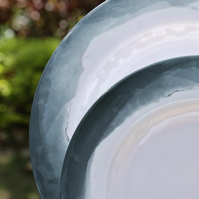 Melamine Dinnerware Sets-12 Pieces Outdoor Plates and Bowls Set for 4 Durable Dinner Plates for Camping Picnics Party Chip Resistant Dishes Grey Blue Dishwasher Safe