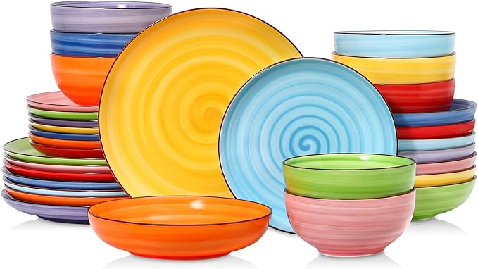 Selamica Ceramic Plates and Bowls Sets32 Pieces Dinnerware Sets for 8Scratch Resistant Dish Set for holiday gatheringDishwasher &amp Microwave Safe Dopamine Colors