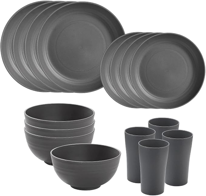 16Pcs Dinnerware Sets Dessert Plates Unbreakable Dishes for Camping RV Hotel Household Gray