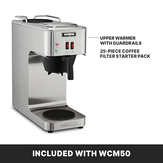 Waring WCM50 Café Deco Pour Over Decanter Coffee Brewer Stainless Steel Construction Two Individually Operated Warmers No Plumbing Required 120V 5-15 Phase PlugSilver