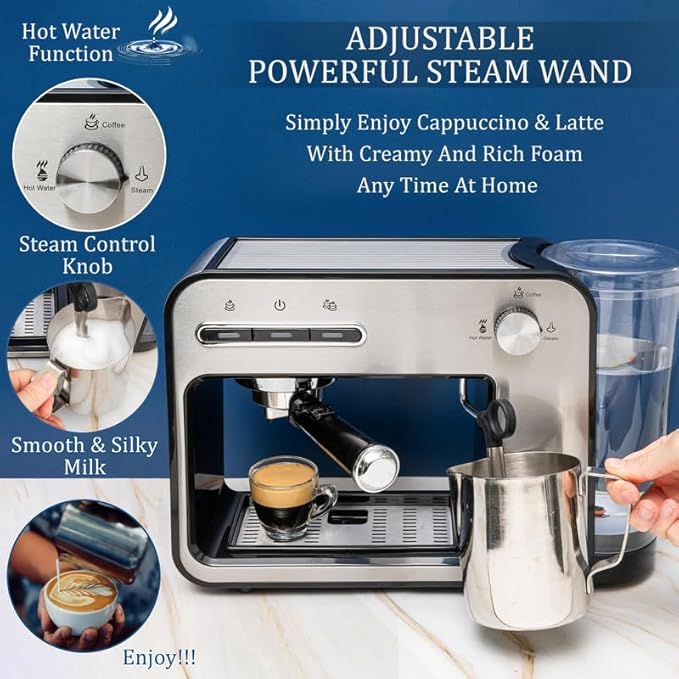 Mixpresso Professional Espresso Machine for Home 15 Bar with Milk Frother Steam Wand Espresso Maker with Double-Cup Splitter 1450w Fast Heating Cappuccino &amp Latte machine 37Oz Water Tank