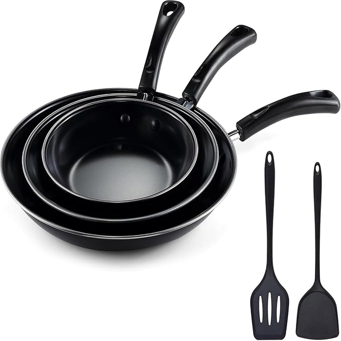 Nonstick Frying Pan Set - Iron Frying Pan 3-Piece Set (8 10 12) + 2 Silicone Spatulas With Premium Nonstick Coating Up to 450°F Skillet Suitable for Induction Gas &amp More
