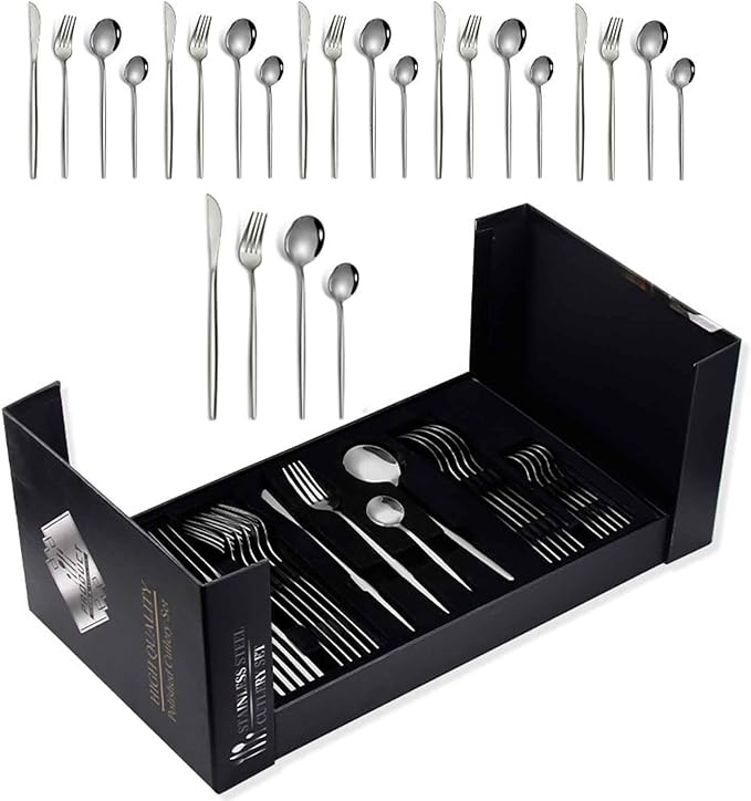 24 Piece Dinner Set for Daily Life Service for 6 Matte Slim Handle Easy Clean for Restaurant Kitchen Formal Events Parties Home Dishwasher Safe(SilverC)