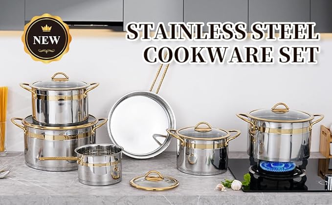11-Piece Stainless Steel Pots and Pans SetPremium Stainless Steel Cookware - Induction Safe Non-Toxic Kitchen Cookware Set with Gold Stay Cool Handles Compatible with All Cooktops