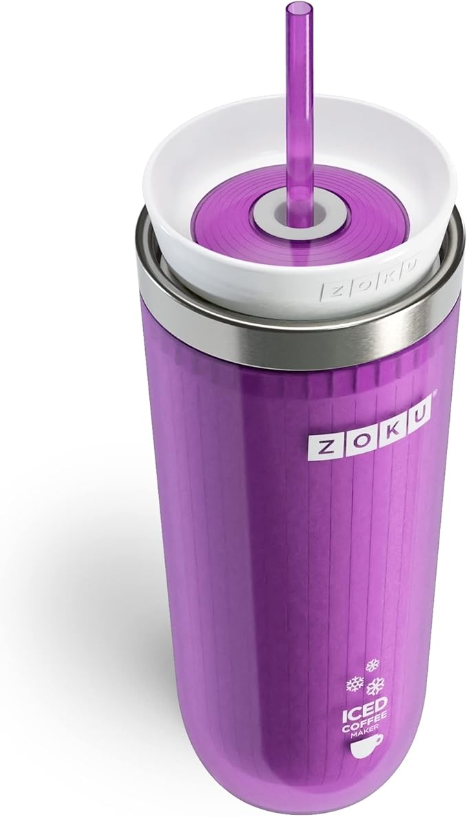 ZOKU Instant Iced Coffee Maker Reusable Beverage Chiller Cools Hot Beverages in Minutes Without Dilution Portable 11-ounce Tumbler With Spill-resistant Lid and Straw Purple