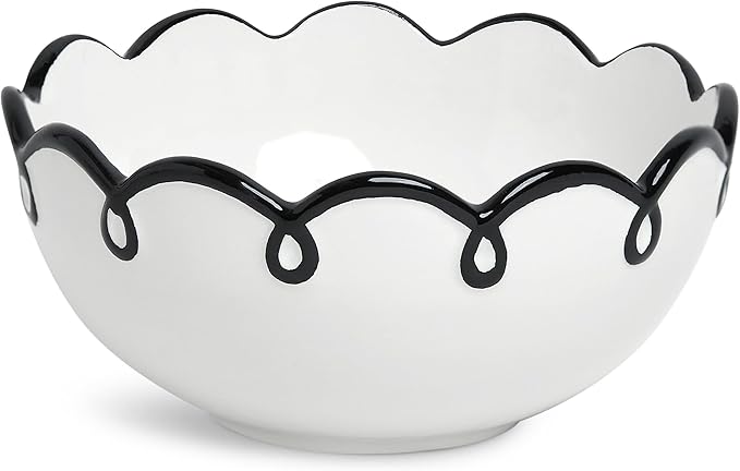 Sango 12-Piece Earthenware Dinnerware Set for 4 Glossy White Plates and Bowls Sets with Black Scalloped Rims Premium Dish Set Dishes for Hosting Parties Birthday &amp Wedding Gifts Splash of Che