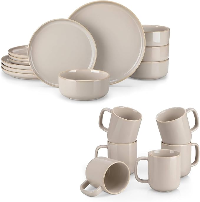 vancasso PLAYA Plates and Bowls Sets12 Pieces Grey Dinnerware Sets and 16 oz Large Ceramic Coffee Cups Set of 6 Stoneware Mugs with Handle for Latte Tea Cappuccino Milk Cocoa