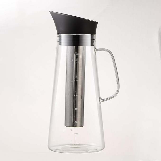 FixtureDisplays® 51oz/1.5L Cold Hot Full Immersion Brew Iced Coffee Maker Pitcher and Ice Tea Brewer with Spout &amp Silicone Seals Glass Pitcher with 304 Stainless Steel Fine-Mesh Filter 22112-2D