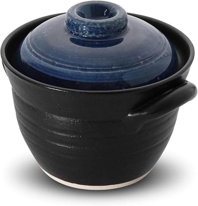 Banko-ware Donabe Japanese Earthenware Rice Pot with Double-Lid Technology – Elegant Jet-Black &amp Blue Design – Ensures Fluffy Rice Every Time – Includes English Manual – Made in Japan (1-2 per)