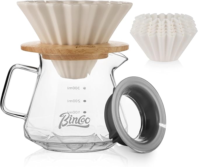 Bincoo 400ML Pour Over Coffee Maker Set with Filter PaperCeramic Pour Over Coffee Dripper 1-2 Cups-Professional Coffee Brewing Pot for Home Office(White)