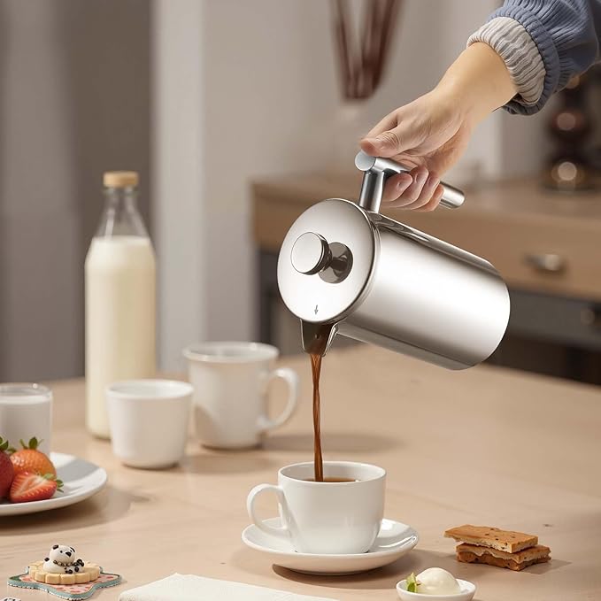 VEVOR French Press Coffee Maker 34 Ounce 1 Liter Stainless Steel Coffee Press Tea Maker with Filter Large Double Wall Insulated French Presses Cold Brew for Camping Travel Home Kitchen Silver