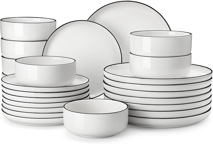 MALACASA Plates and Bowls Sets 24 Pieces Modern Porcelain Dinnerware Set for 8 White Kitchen Dinner Dining Ware Set wtih Black Rim Ceramic Dishware Dishes Microwave and Dishwasher Safe Series LUNA