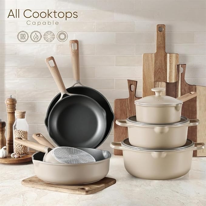 13Pcs Pots and Pans Set Non Stick Kitchen Cookware Sets with Egg Pan Kitchen Induction Pots and Pans Cooking SetsTaupeOne