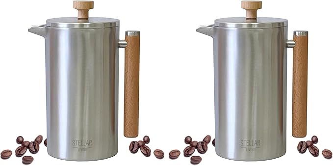 Stellar Living 34 OZ Stainless Steel French Press Coffee Maker with Double Vacuum Insulation Maximum Flavor Coffee Brewer Tea and Coffee Press Camp Coffee Maker - Matte Silver with Wooden Handle
