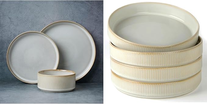 Famiware Star Dinnerware Set with Plates and Bowls Service for 4 (16-Piece) Stoneware Kitchen Dishes Dinner Sets - Cappuccino White