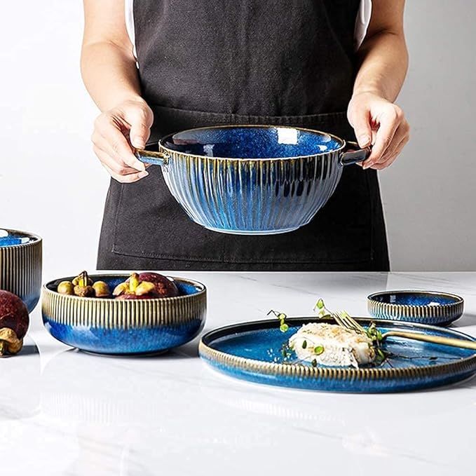 Stylish Dinner Set for Restaurant and HomeCeramics Dinner SetsBowl/Dish/Spoon|Gradient Texture Dinnerware Set Retro Kiln Glaze Porcelain Combination Set 22 Pieces Kitchenware