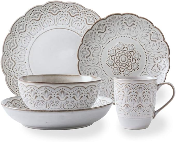 Dinner Plates Pottery Tableware 16-pcs Dinnerware Sets Ceramics Dinner Sets European Pastoral Style Complete Table Service Include Plates Bowls and Mugs Compatible