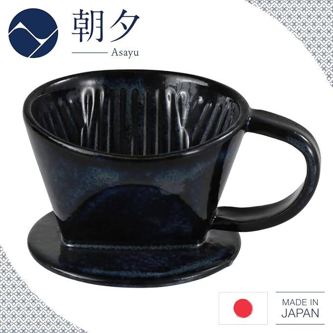 Asayu Japan Ceramic Coffee Pour Over Maker Set in Dark Navy Blue Slow Brewing Paper Filter Holder and Dripper with 3 Holes for Coffee and Tea - Coffee Dripper Cone