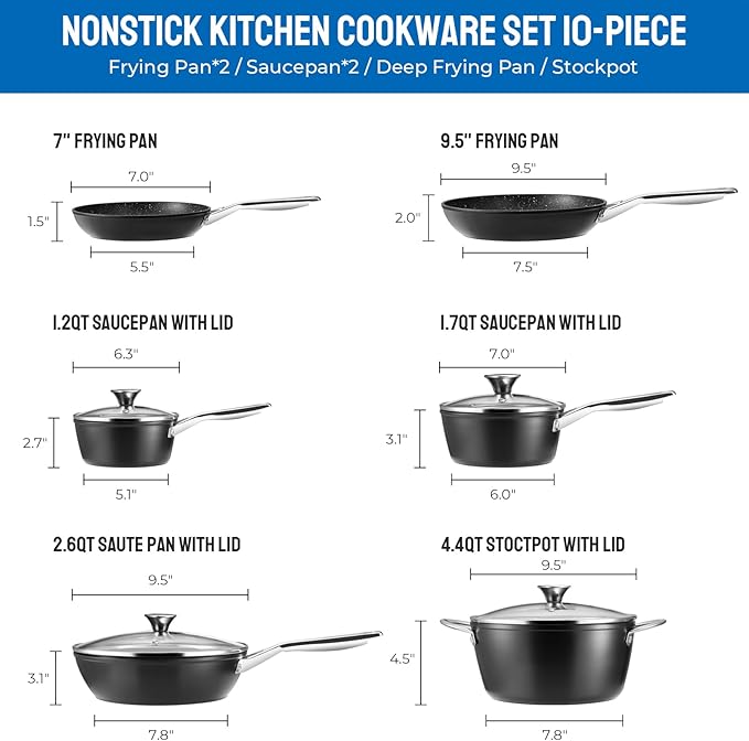 Induction Cookware Nonstick BEZIA Pots and Pans Set for Induction Cooktop Compatible with All Stoves Dishwasher Safe Kitchen Cooking Pan Set with Frying Pans Saucepans &amp Stockpot 10-Piece (Bl