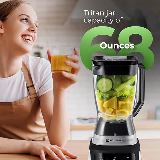 Koblenz Professional Countertop Blender 1200W Stainless Steel 3 Smart Programs Touch Screen Pulse 68 oz Jar Ultra-Quiet Black/Chrome LKM-9406