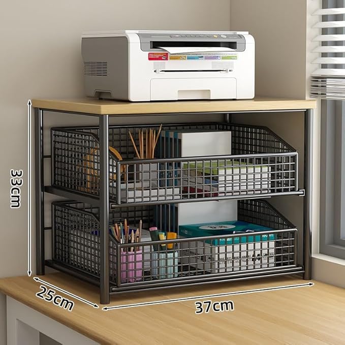 Kitchen Countertop Organizer with Drawer and Wire Basket 2-Tier Hardwood Shelf Space-Saving Storage for Microwave Coffee Maker Toaster Kitchenware (Double Deck-White)