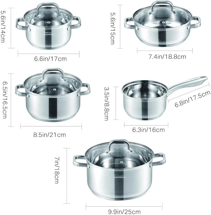 Cookware Set Stainless Steel 9-Piece Kitchen Cooking Pot&ampPan Set Non Stick Frying Pan Saucepan Casserole Glass Lid