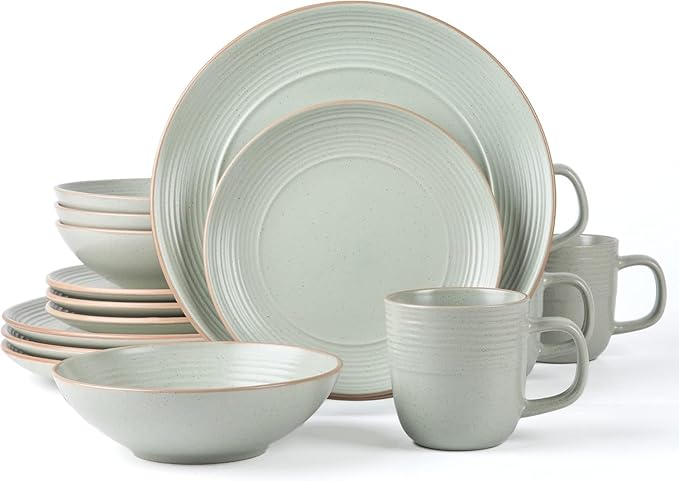 RINGAR Round Stoneware 16pc Dinnerware Set of 4 Dinner Plates Side Plates Cereal Bowls Mugs - Speckle Matte White (406646)