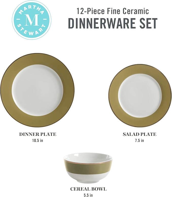 Martha Stewart Gracie Lane 12 pc Porcelain Decorated Chip and Scratch Resistant Dinnerware Set - Olive Green w/Gold Rim