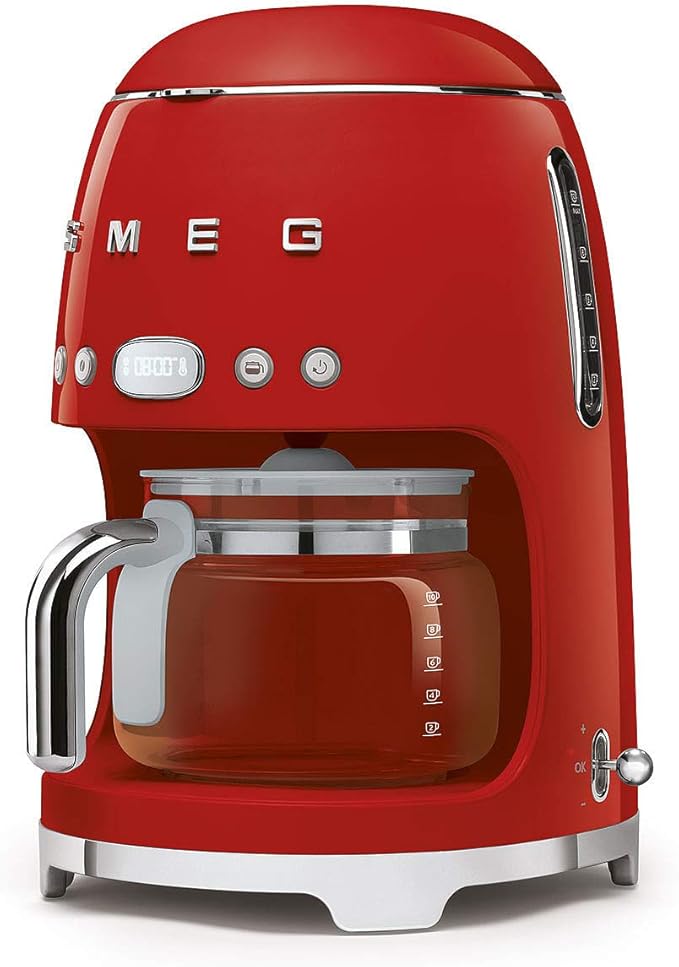 Smeg DCF02RDUK Drip Coffee Machine Auto-Start Mode Reuseable Filter Digital Display Anti-Drip System Aroma Intensity Option 1.4 Litre Tank Red