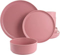 12-Piece Round Melamine Dinnerware Set – Lightweight Shatter-Resistant Plates &amp Bowls for 4 Stackable &amp Dishwasher Safe Tableware – Indoor &amp Outdoor Use (Pink)