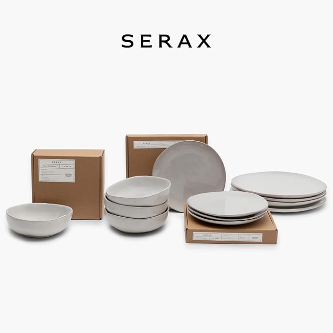 Serax 12-Piece Dinnerware Set for 4 | La Mère tableware by Marie Michielssen | 4 white Dinner Plates 4 Small Plates 4 Bowls | Stoneware Home Kitchen Essentials Sets | Dishware and Dishes